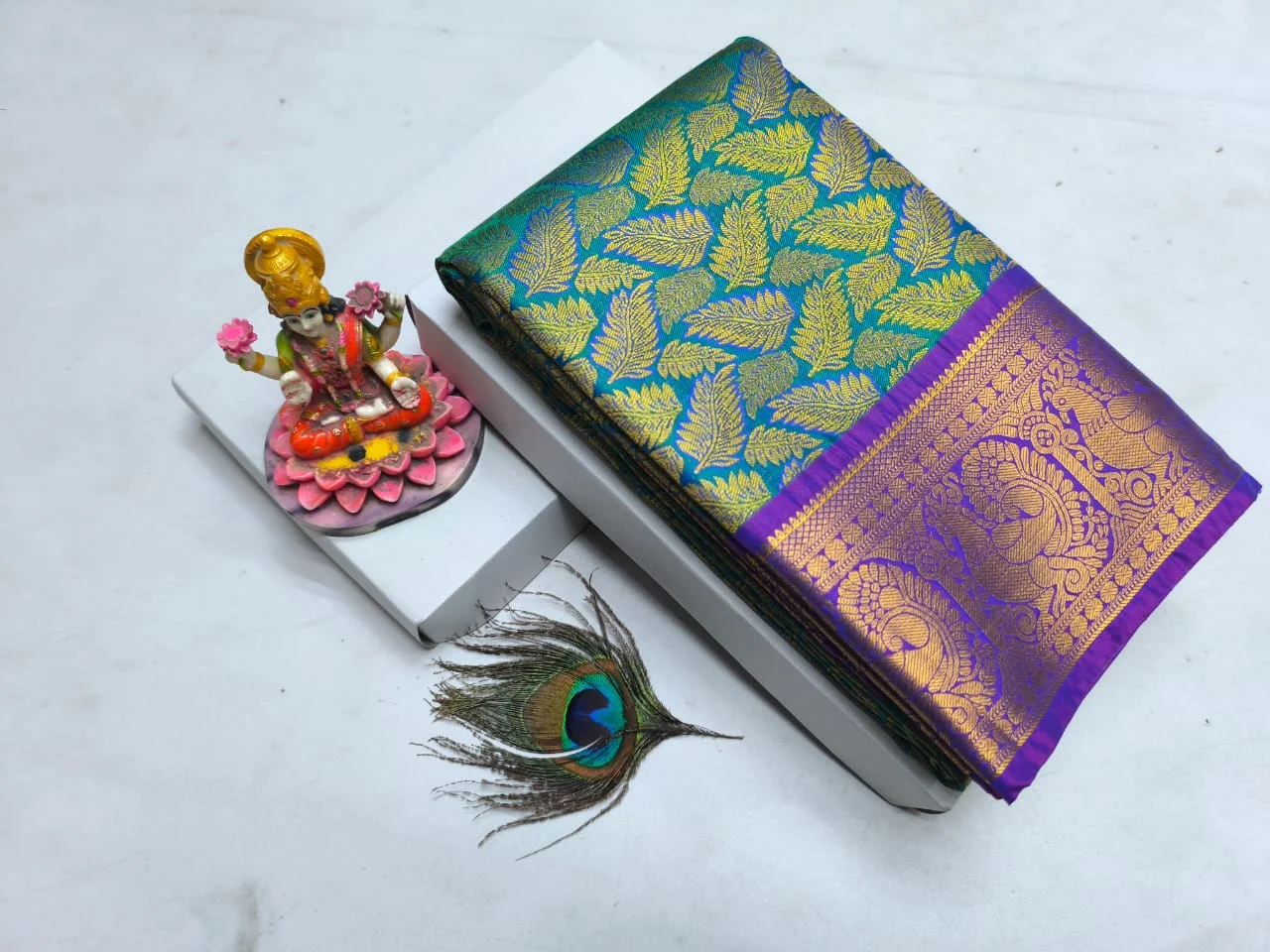Peacock Blue Green with Violet Leaf Jaal Kanchipuram Silk Saree